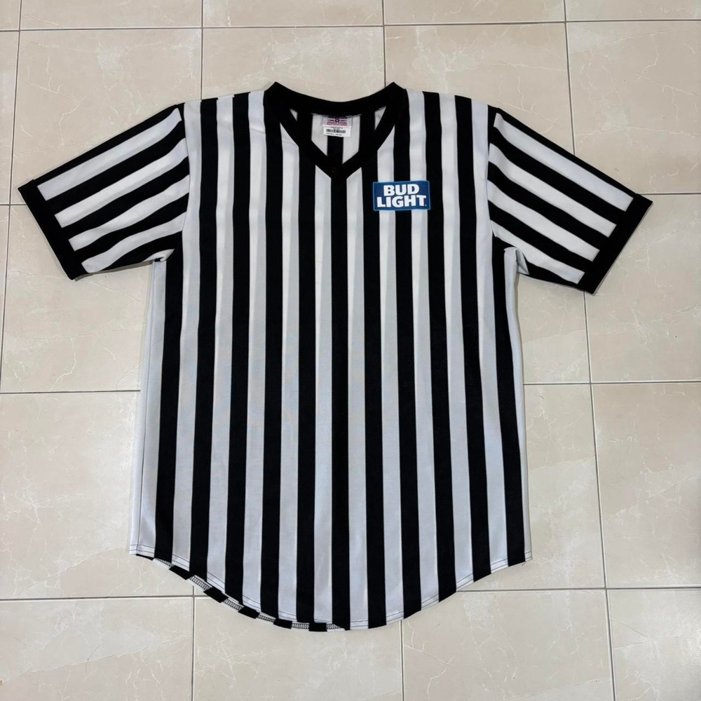 Bud light referee jersey shirt black white striped drinking frat funny comedy
